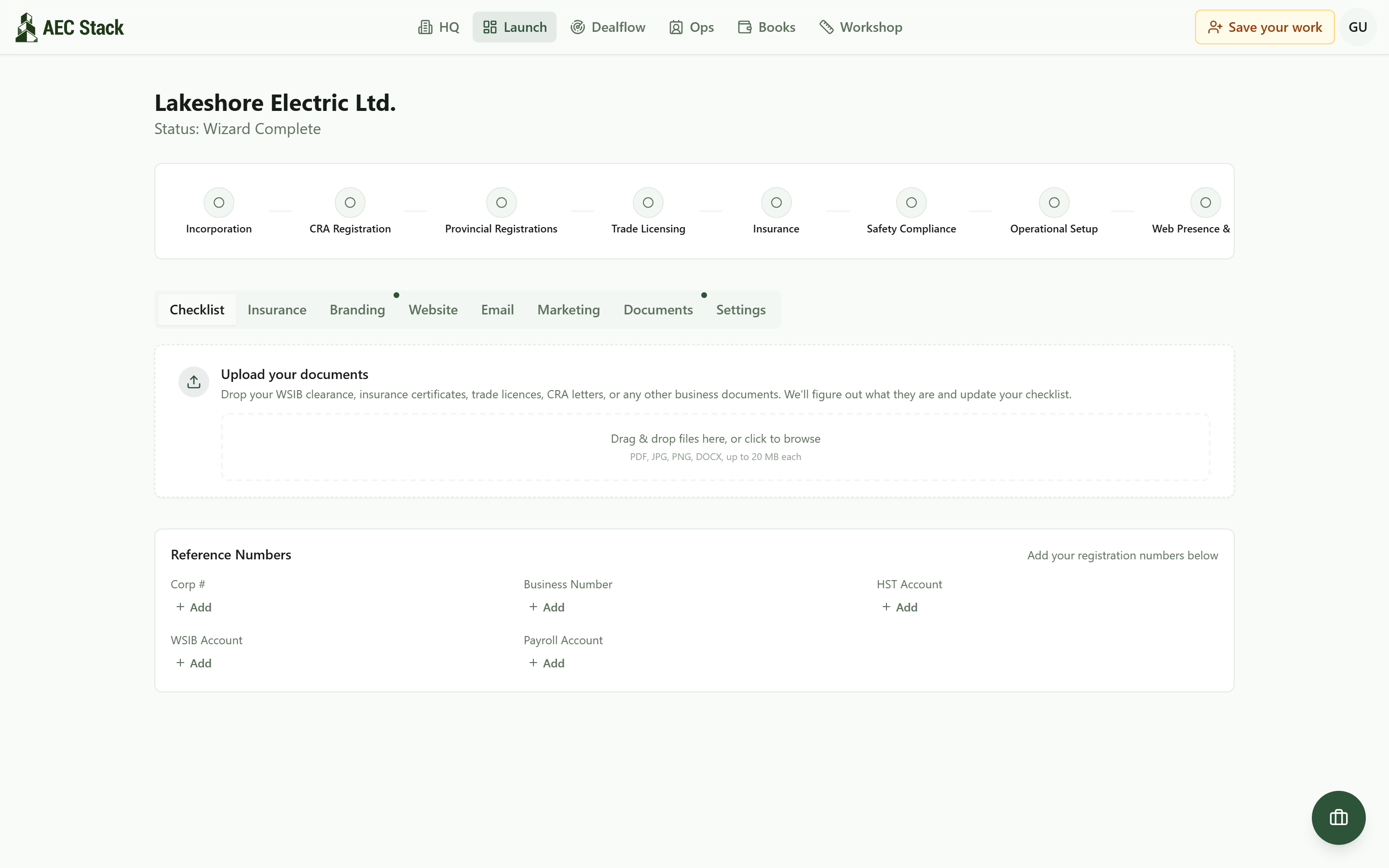 The launch dashboard for the demo business Lakeshore Electric Ltd.: the eight setup phases across the top, a document drop zone, and the reference numbers panel for Corp number, Business Number, HST, WSIB, and payroll