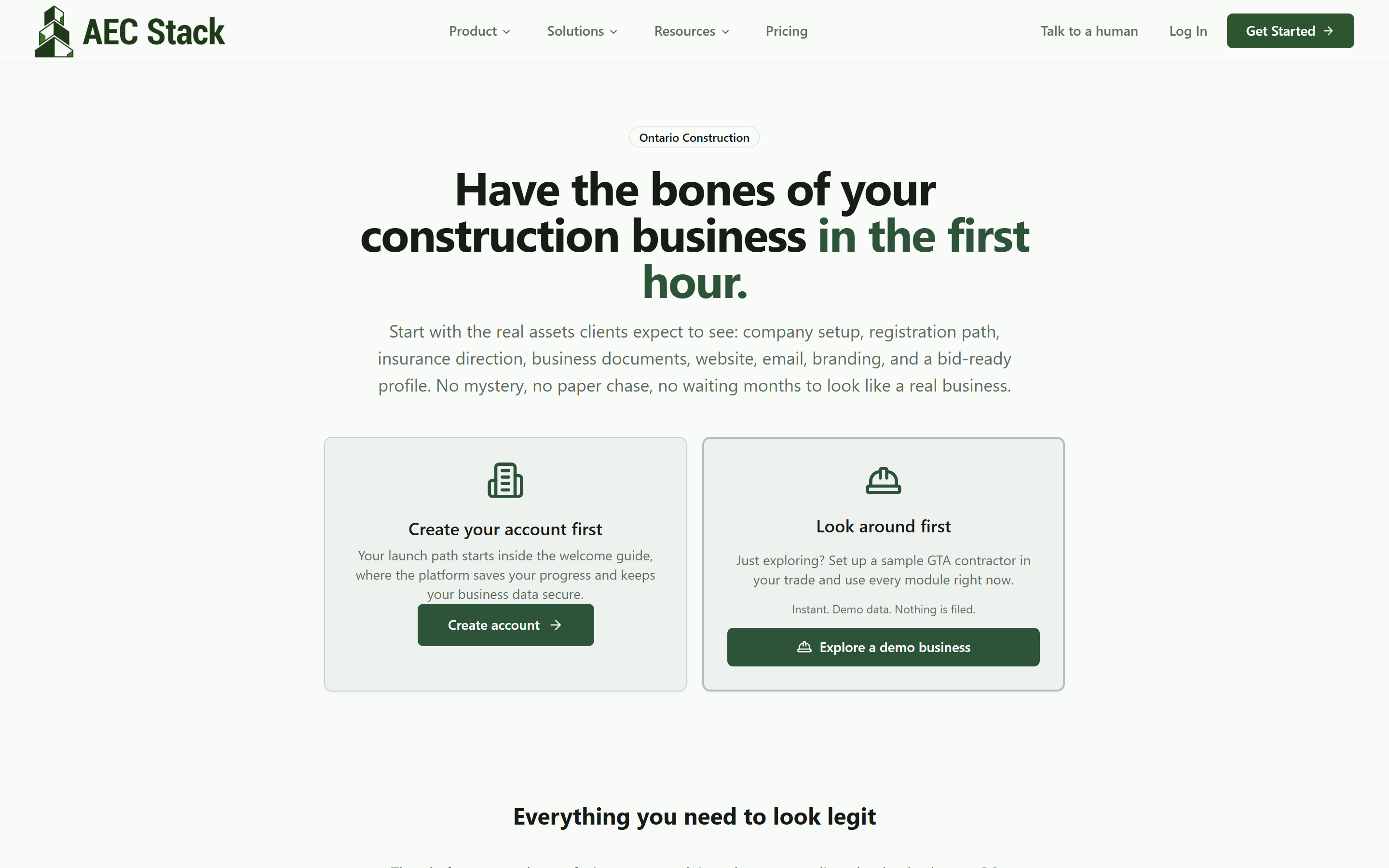 The AEC Stack start-your-business front door: the first-hour promise with the create-account path and the instant demo business option side by side