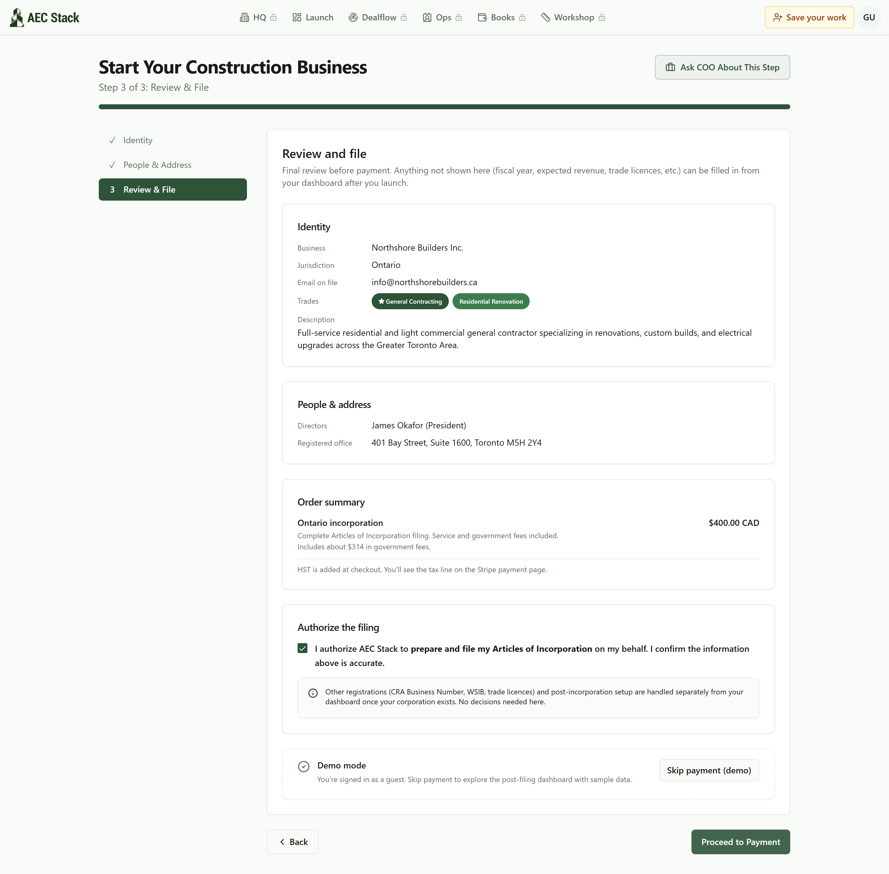 Step 3 of the launch wizard: the full review with identity, people and address, an order summary, and the filing authorization checkbox