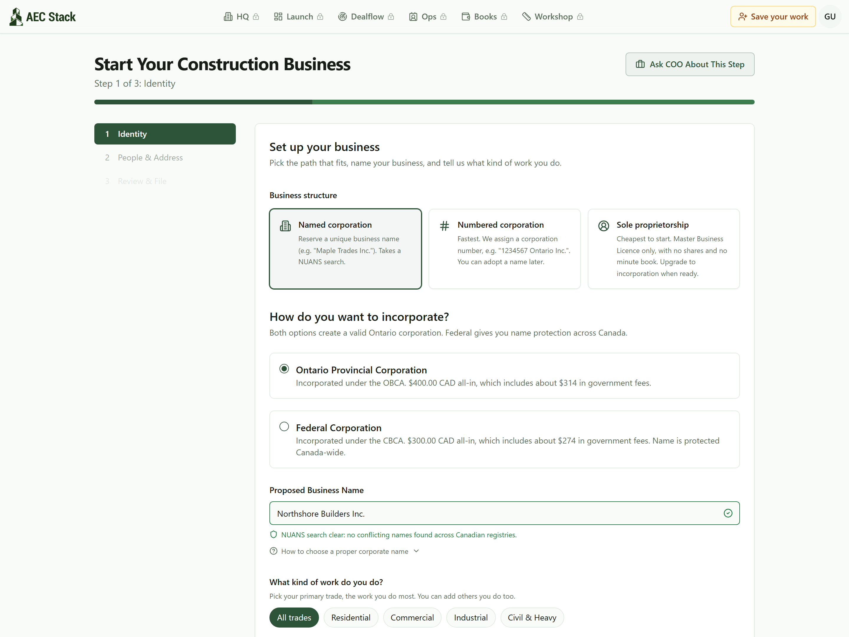 Step 1 of the launch wizard: named, numbered, or sole proprietorship structure cards, Ontario or federal jurisdiction, and the business name with a clear NUANS check