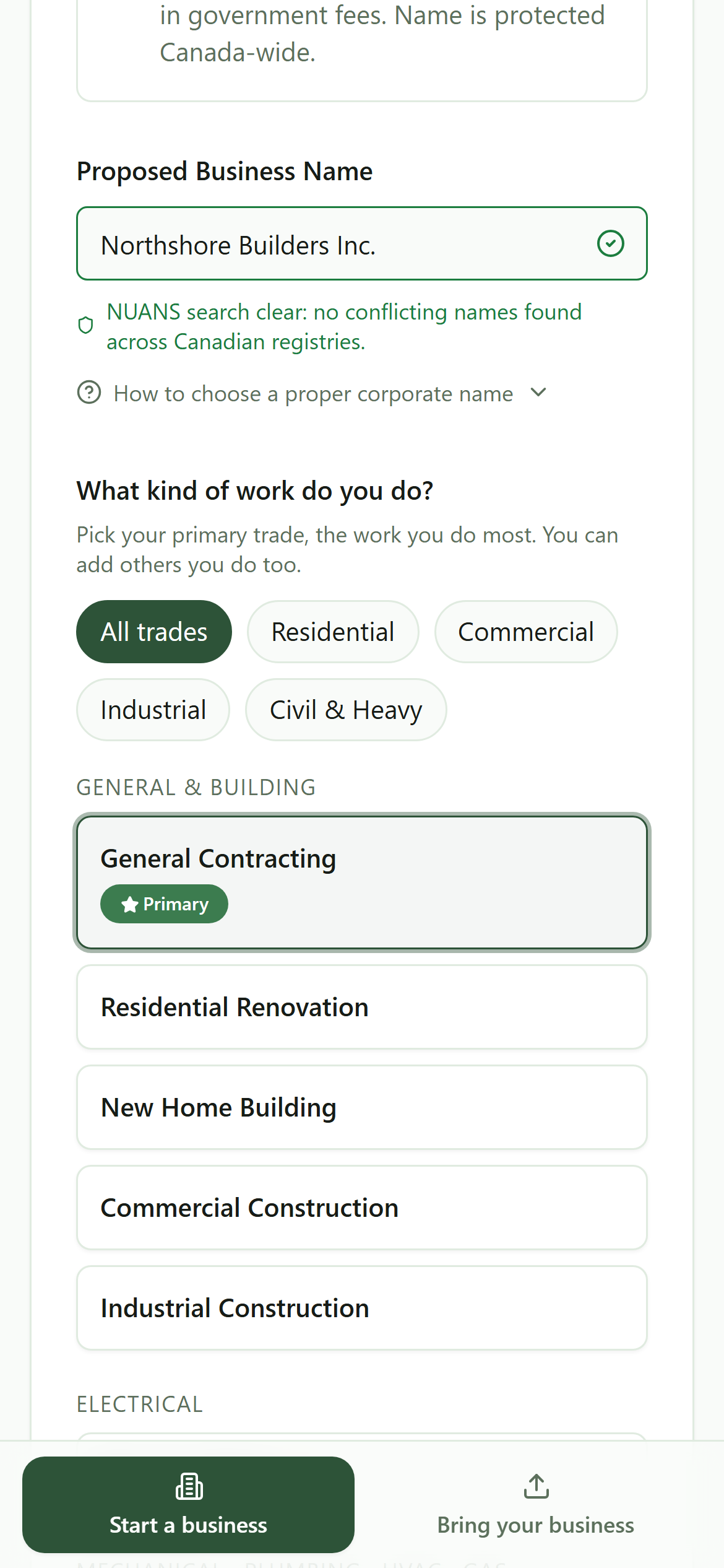 The launch wizard on a phone: the business name cleared by the NUANS check and the plain-language trade picker with General Contracting marked as primary