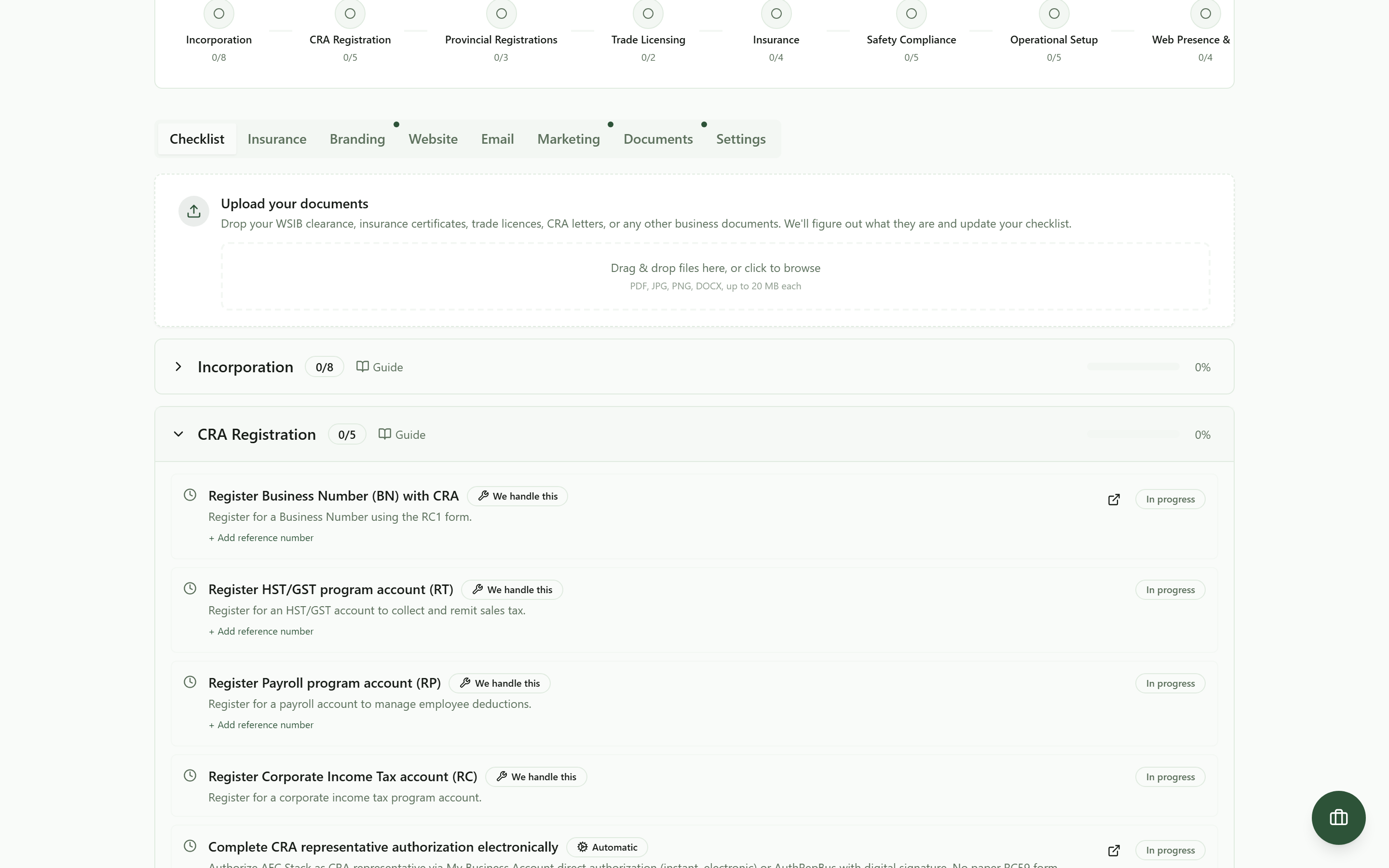 The CRA Registration section of the checklist opened, listing the Business Number, HST, payroll and corporate income tax program accounts, each carrying a We handle this badge, with the representative authorization marked Automatic