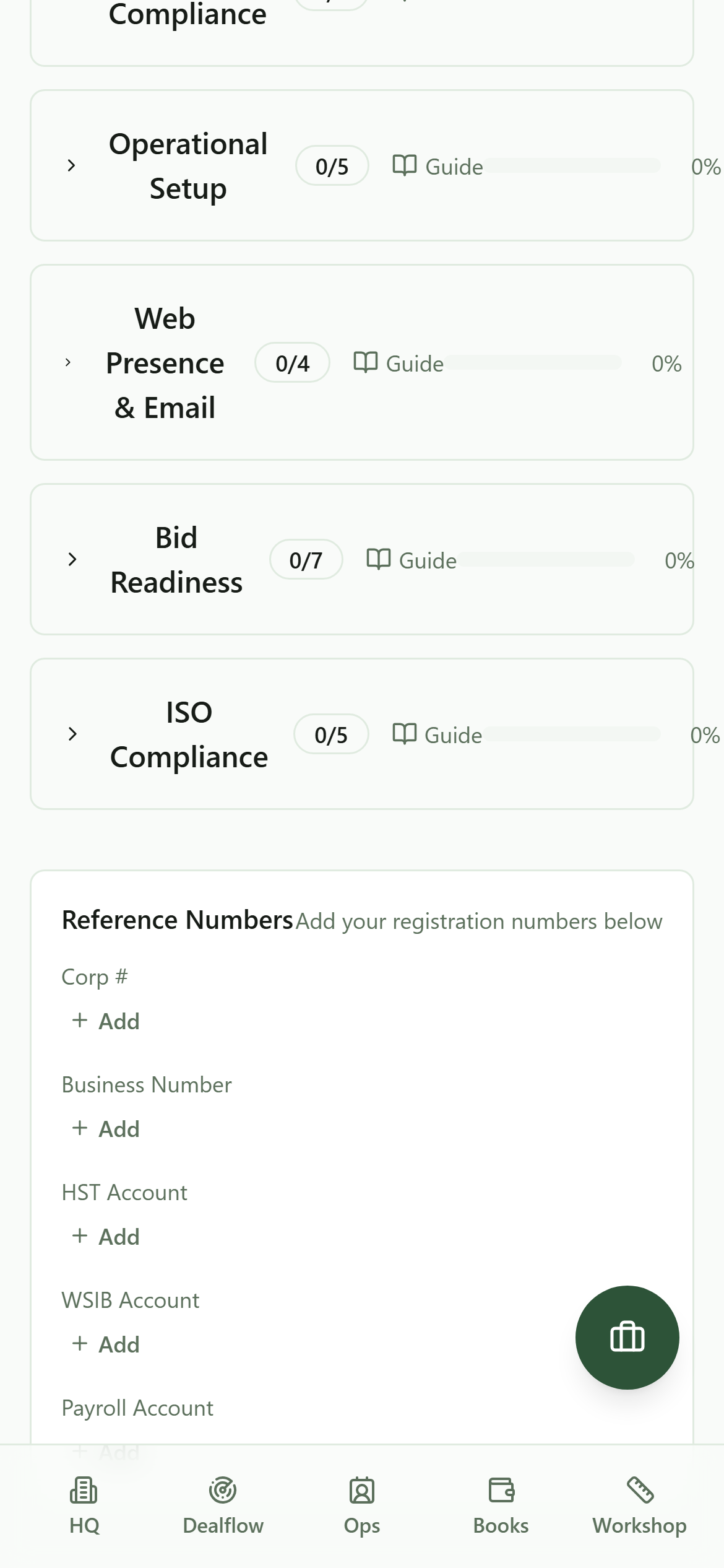 The launch dashboard on a phone, scrolled to the Reference Numbers panel, with the main navigation across the bottom