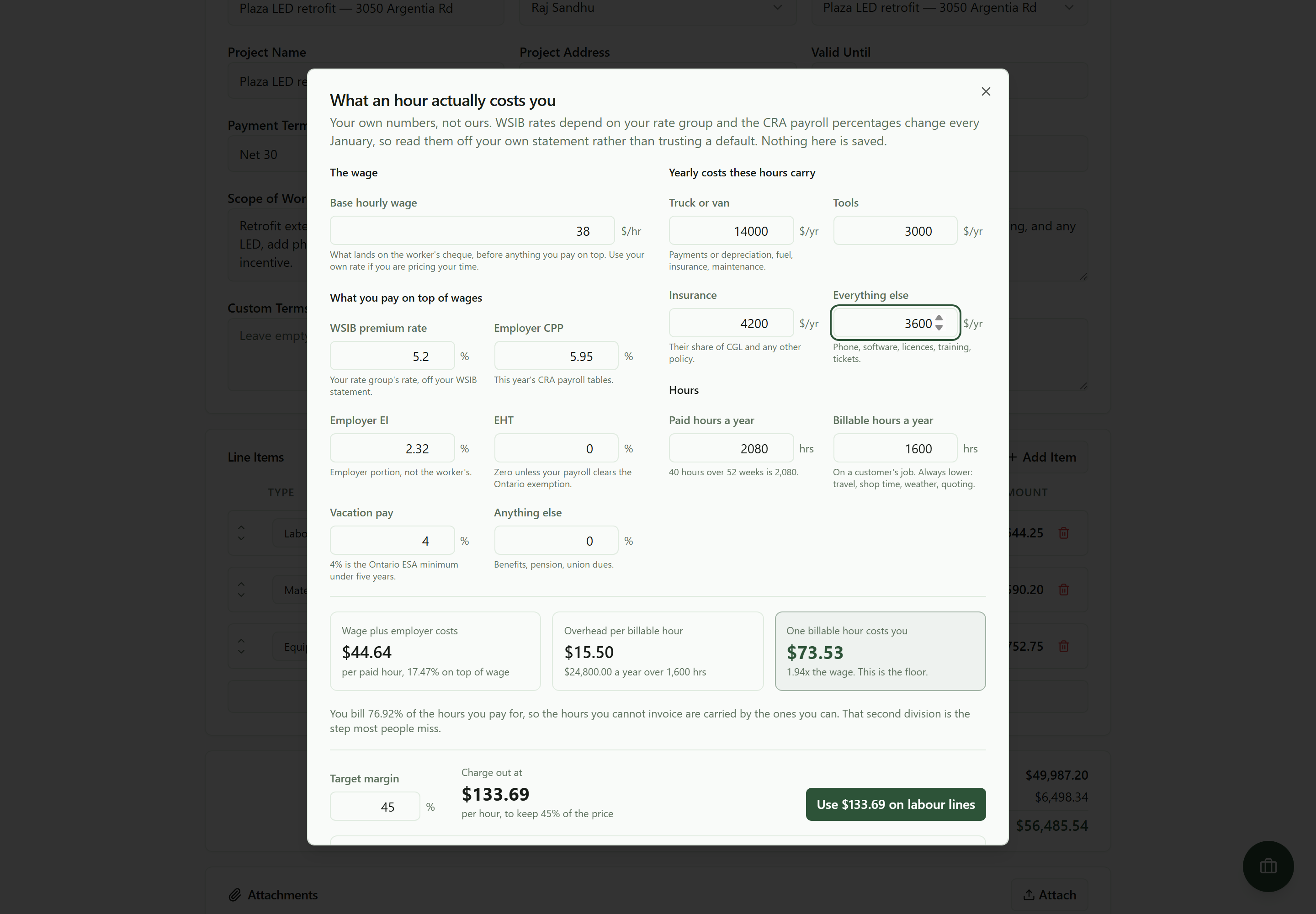 The cost-of-an-hour calculator filled in for a $38 an hour worker: wage plus employer costs $44.64 per paid hour at 17.47% on top of wage, overhead $15.50 per billable hour from $24,800 a year over 1,600 hours, and one billable hour costing $73.53, which is 1.94 times the wage