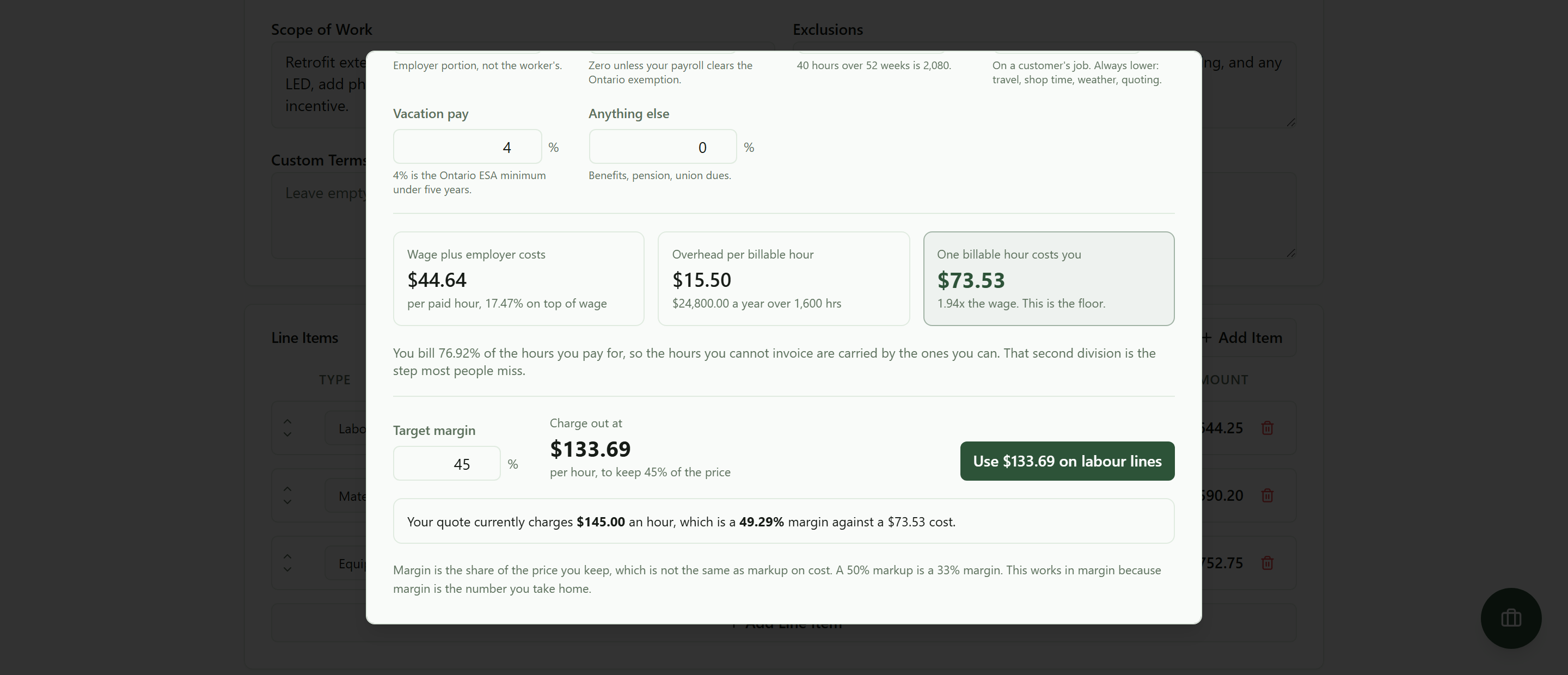The lower half of the calculator: a target margin of 45 percent giving a charge out rate of $133.69 an hour, a button reading Use $133.69 on labour lines, and a line reading that the quote currently charges $145.00 an hour, a 49.29 percent margin against a $73.53 cost