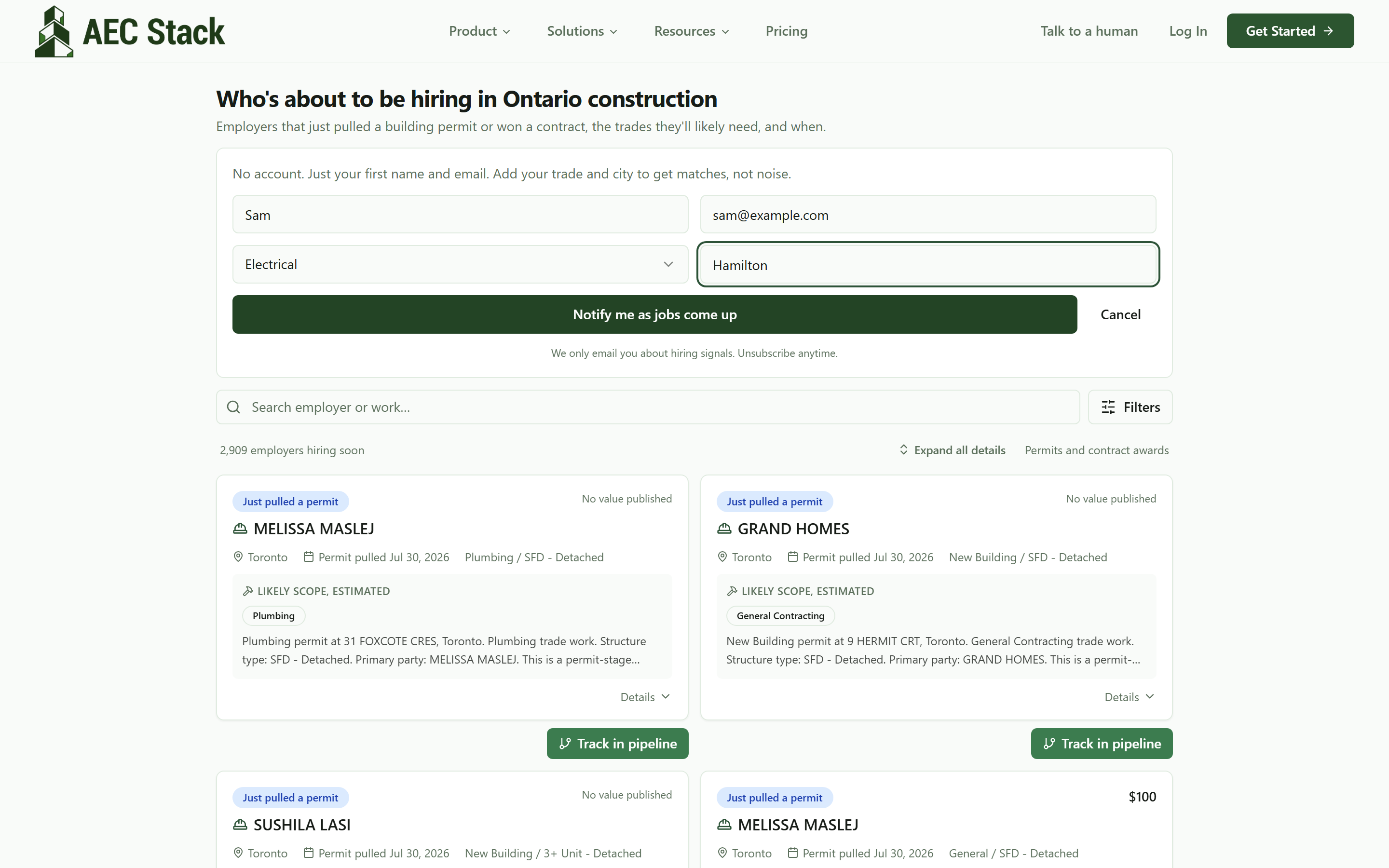 The weekly alerts signup on the placements feed: first name, email, optional trade and city, no account