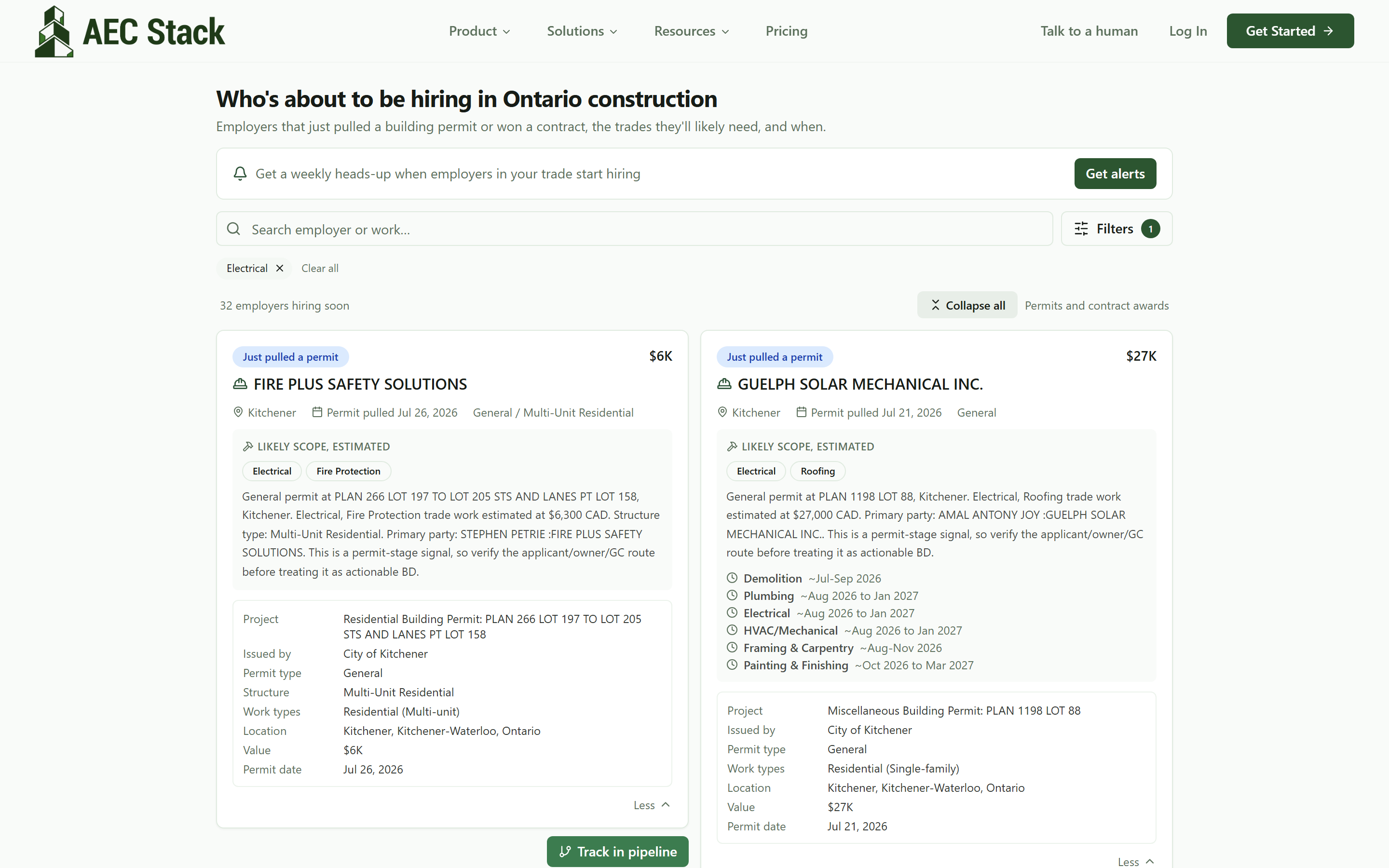 Placement cards expanded to show the likely scope, the per-trade hiring window estimate, and the employer contact where enrichment has landed