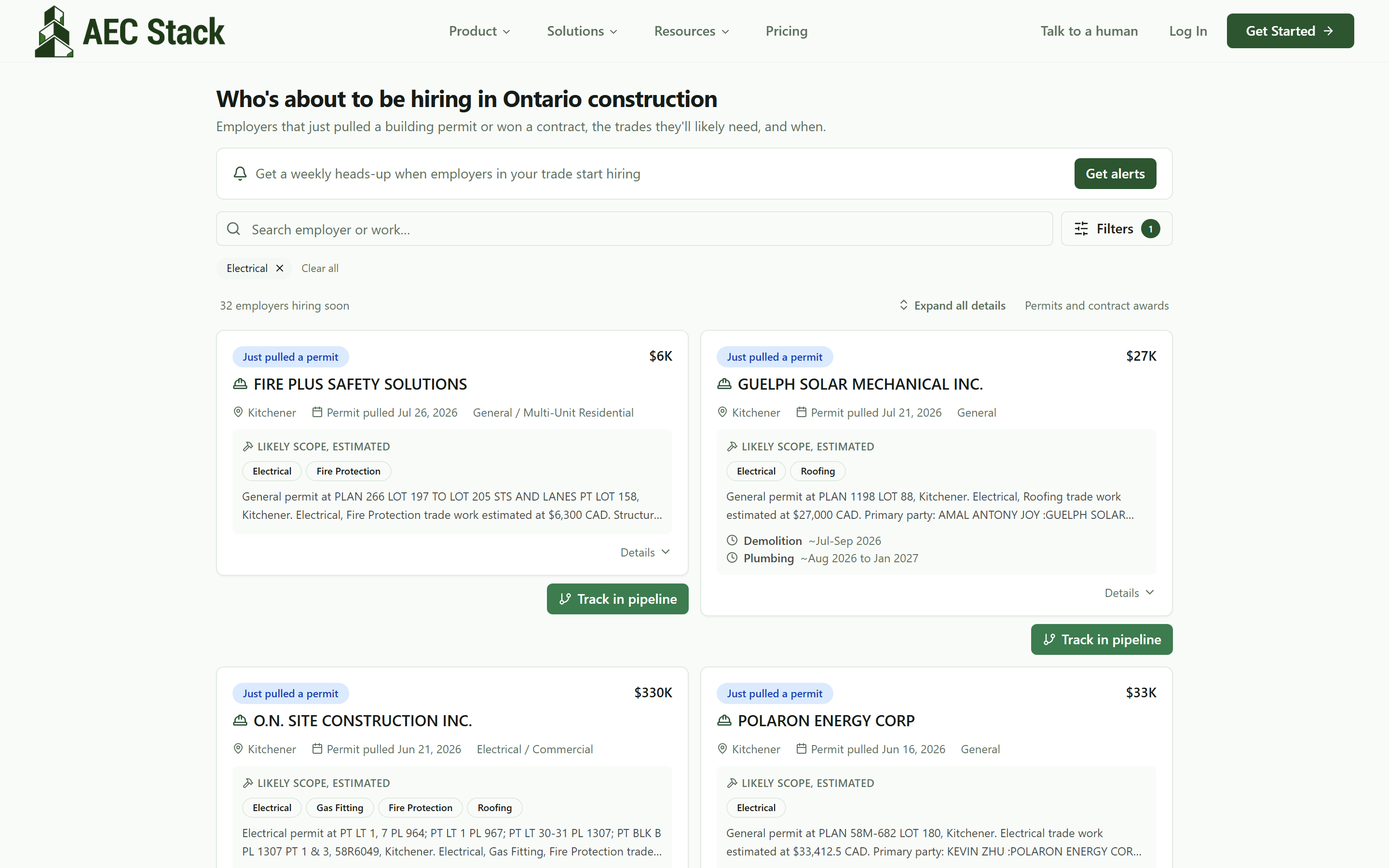 The AEC Stack placements feed filtered to Electrical: Ontario employers that just pulled a building permit or won a contract, with likely scope and timing on each card