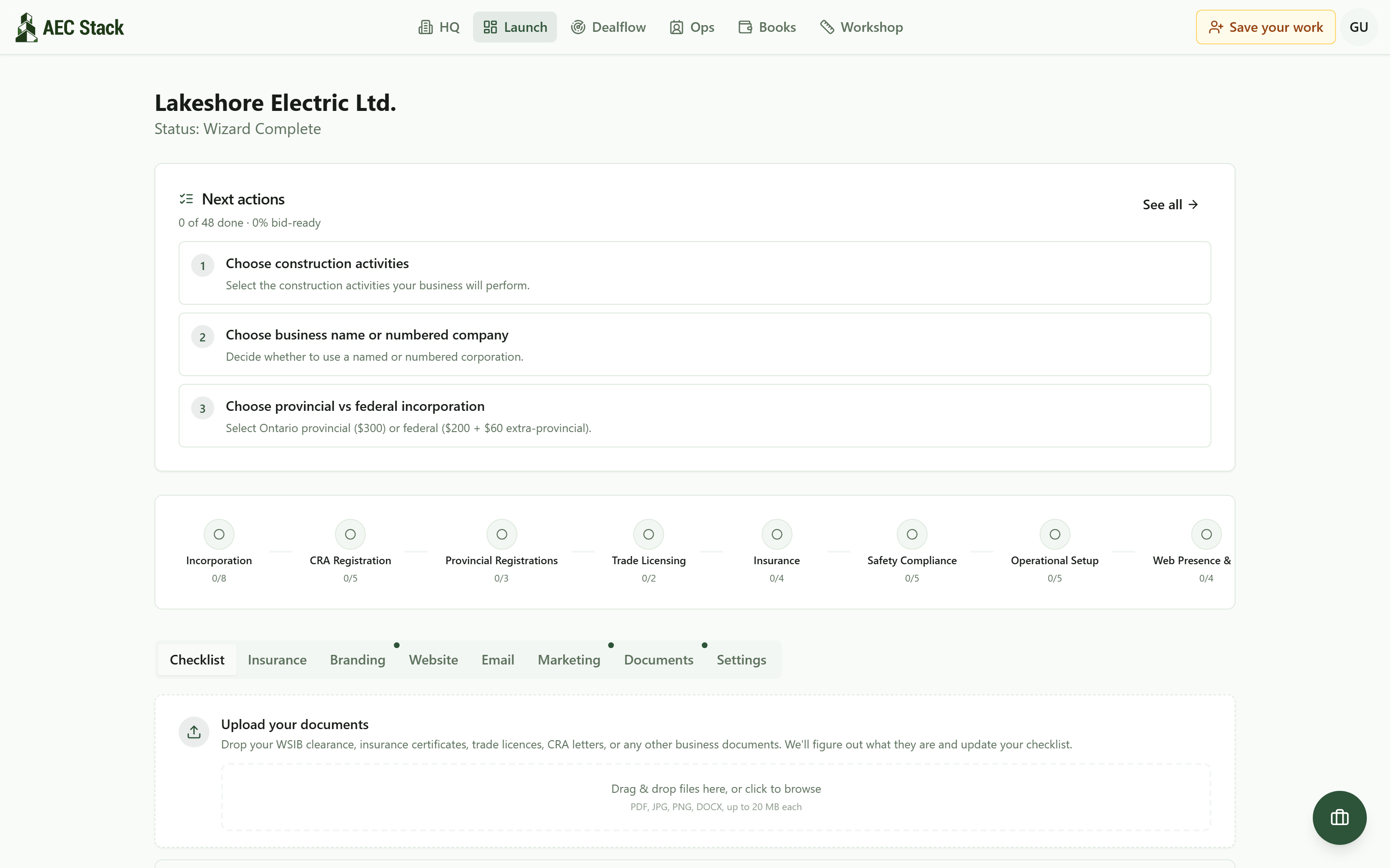 The AEC Stack launch dashboard for the demo business Lakeshore Electric Ltd.: a Next actions card reading 0 of 48 done, a stage tracker with Provincial Registrations at 0 of 3, and a document drop zone that names WSIB clearances