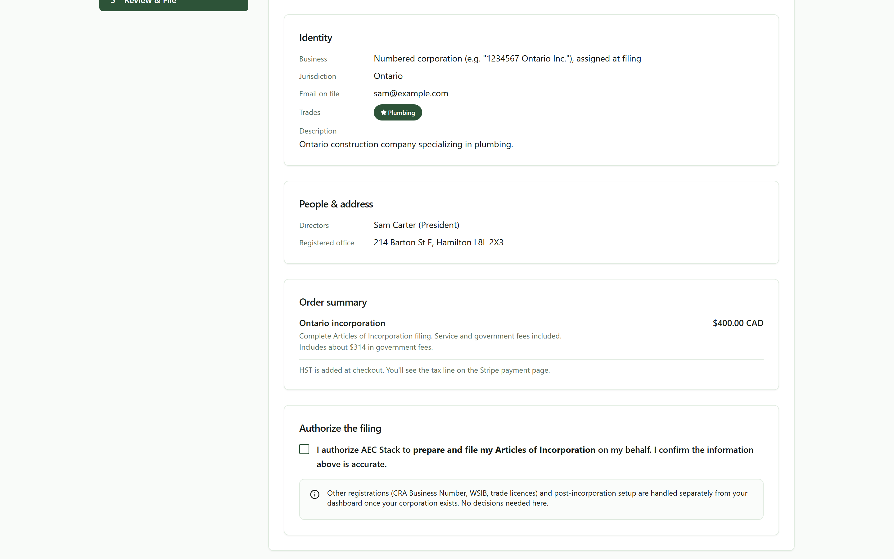 The wizard review step with the filing authorization checkbox and a note that CRA Business Number, WSIB, and trade licence registrations are handled separately from your dashboard once the corporation exists