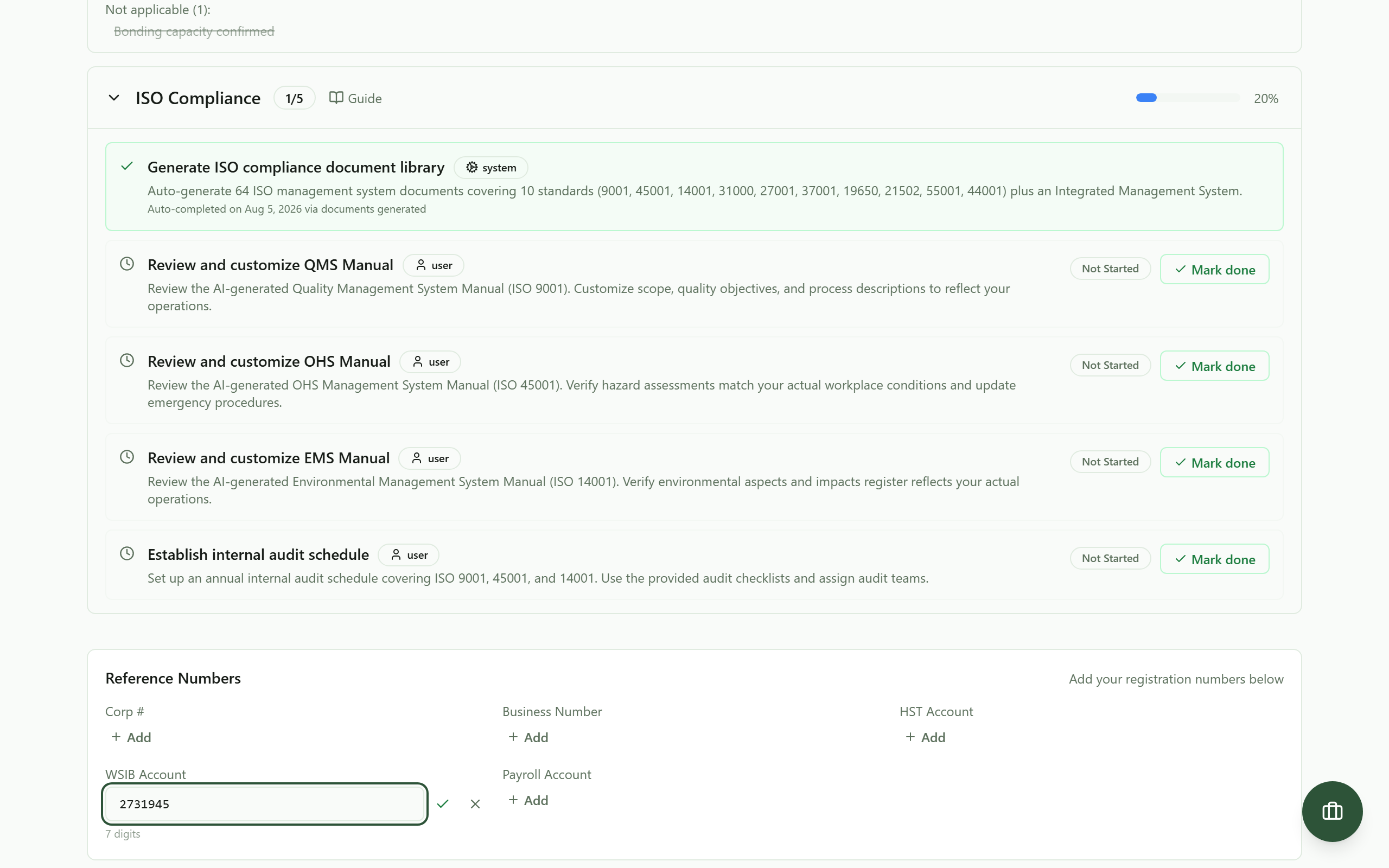The Reference Numbers panel on the launch dashboard with the WSIB Account field open for editing, a seven digit account number typed in, and the format hint underneath